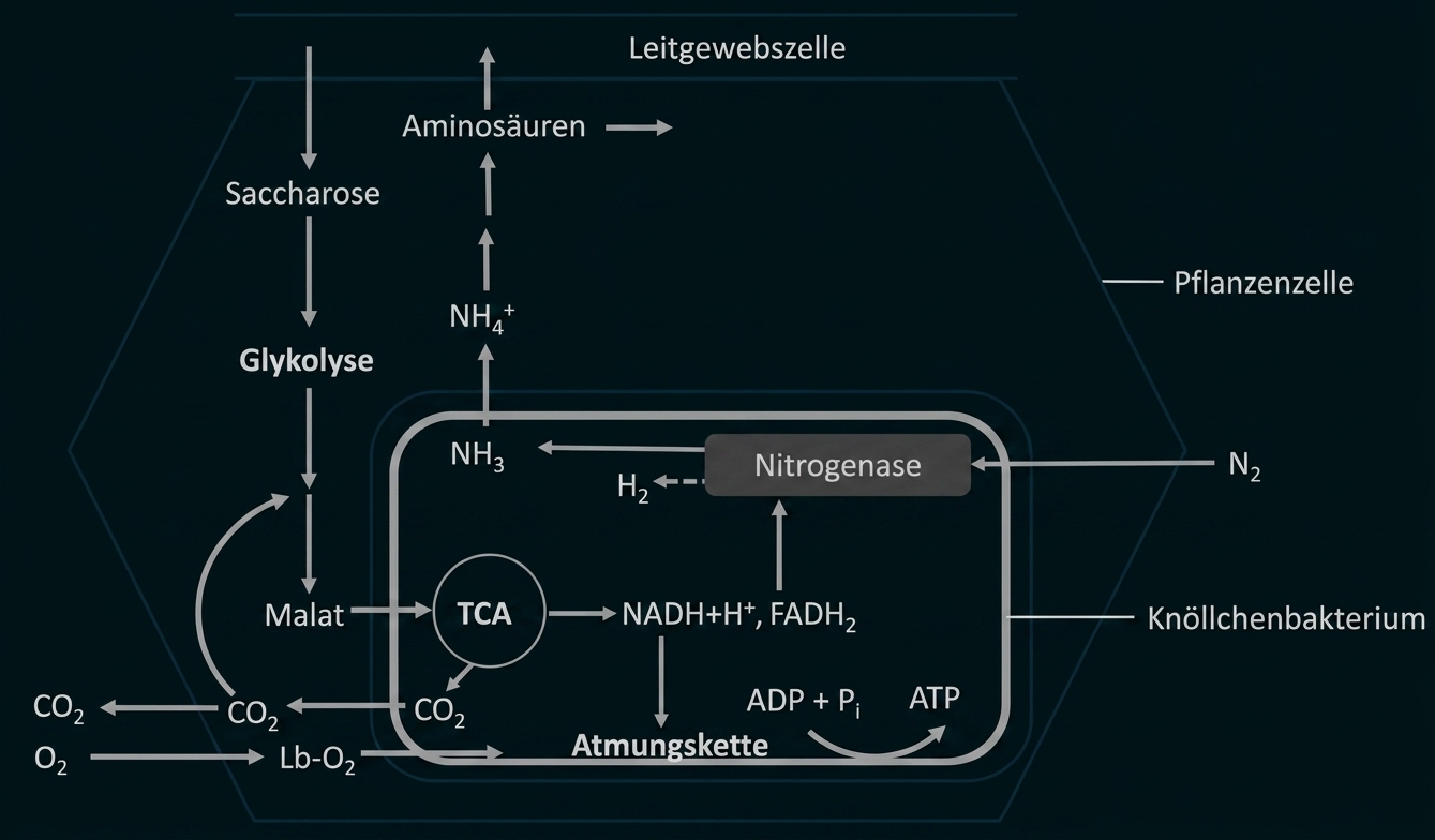 Schematische Darstellung der Stickstofffixierung in Knöllchenbakterien innerhalb einer Pflanzenzelle